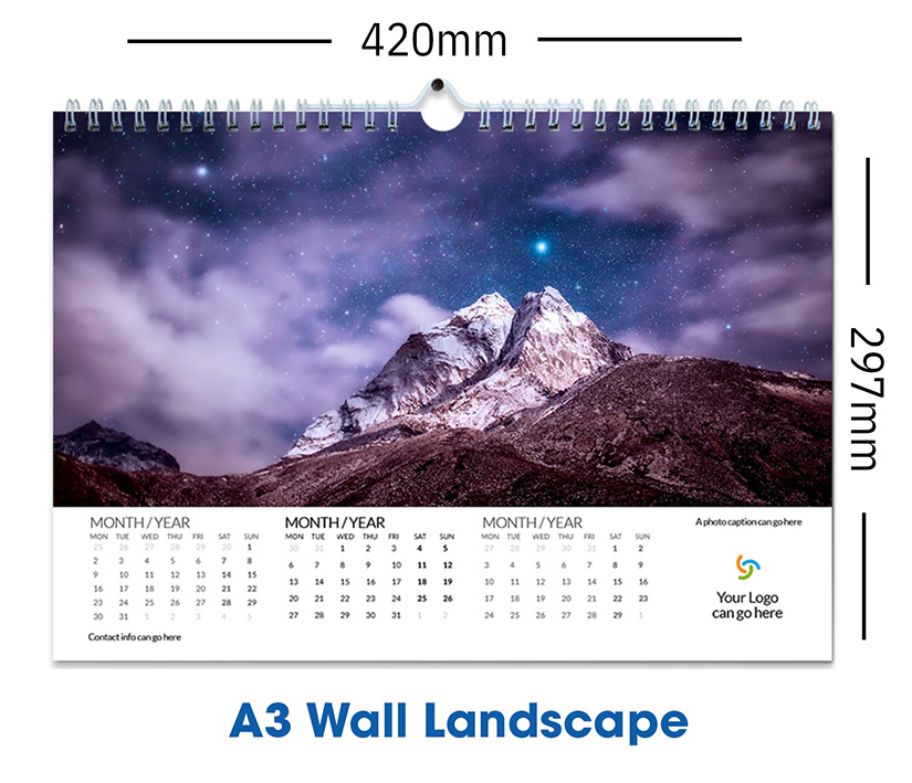 A3 Wall Calendar - 12 months with front & rear cover