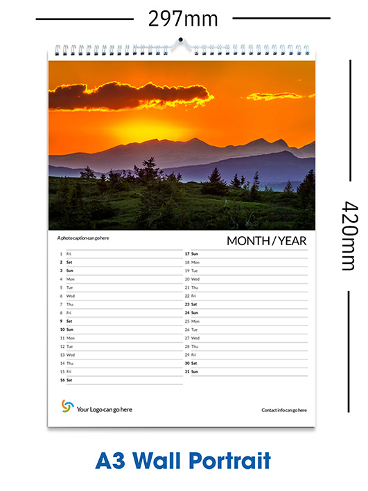 A3 Wall Calendar - 12 months with no covers