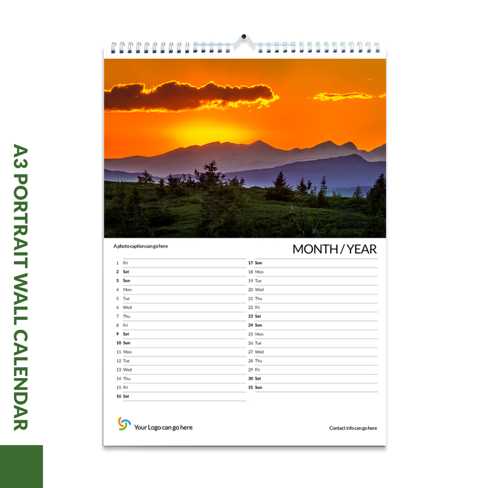 A3 Wall Calendar - 297mm x 420mm - 12 months with front & rear cover